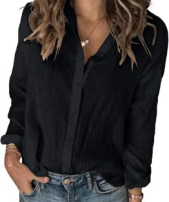 Blusa de algodón y lino de manga larga con botones para mujer, ajuste holgado, informal, cuello en V