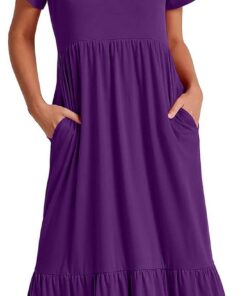 Vestido de verano de manga corta con cuello redondo, vestido largo casual con vuelo, vestido largo de playa escalonado para mujer, vestidos cómodos con bolsillos