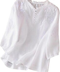 Camisa de lino para mujer, de algodón, bordada, para verano, retro, manga 3/4, estilo bohemio, holgada, informal, para vacaciones, color blanco