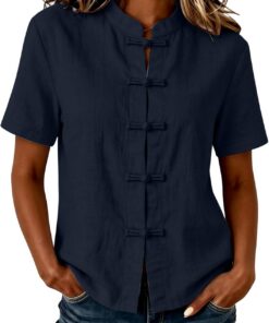 Camisas de manga corta para mujer, estilo étnico, vintage, abotonadas, con botones plegables, blusas orientales para mujer, blusas ligeras de verano, ropa tradicional china, ropa casual