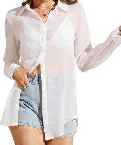 Arssm Blusa transparente para mujer, con botones, manga larga, sexi, transparente, de malla
