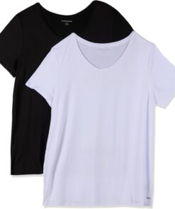 Amazon Essentials Camiseta Elástica de Secado Rápido, Manga Corta y Cuello en V (Hay Tallas Grandes) Mujer, Paquete de 2