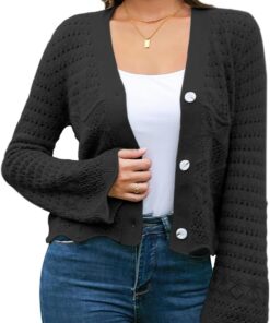 Cárdigan corto para mujer, cárdigan de ganchillo, manga acampanada, cuello en V, frente abierto