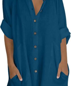 Camisas largas de manga 3/4 para mujer, estilo casual, holgadas, con botones, cuello alto, túnica con bolsillo, blusa ligera de lino y algodón para verano, para playa, tallas grandes, 22/24 en