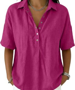 Blusa de lino y algodón para mujer, de verano, media manga, cuello en V, gasa, elegante, casual, para el verano
