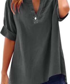 Camisas de lino para mujer, talla grande, de manga corta, con botones, blusas de verano 2026, casuales, holgadas, cómodas, de gasa de algodón