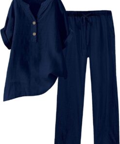 Conjunto de 2 Piezas de Lino para Mujer, Camisa y Pantalones con Botones, Casual, Holgado, para Playa, Vacaciones, Verano