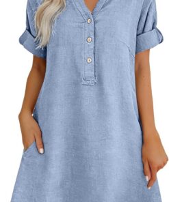 Vestido de lino para mujer, elegante, casual, cuello en V, de algodón, manga corta, maxi vestidos de verano 2026, holgado, por debajo de la rodilla, vestido de playa