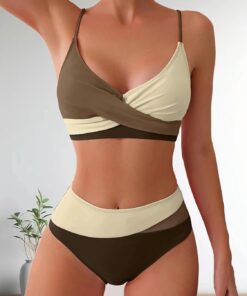 Conjunto de bikini para mujer, traje de baño de dos piezas, cuello en V, cintura alta, tirantes delgados, traje de baño