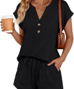 Conjunto de pantalones cortos Henley de 2 piezas para mujer, para verano, primavera, playa, aeropuerto, viajes, vacaciones, conjunto deportivo a juego