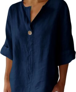 Blusa de verano de lino y algodón para mujer, blusas de cuello en V con muesca, estilo casual, holgada, manga 3/4, blusa larga para mujer, talla grande, Henley Today 2025