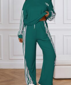 Conjunto deportivo de 2 piezas para mujer, pantalones de pierna ancha a rayas, camisas básicas, trajes casuales