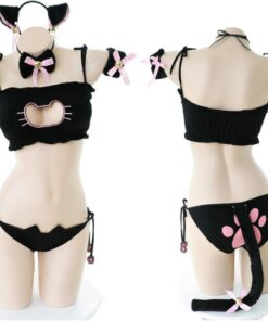 Encantadores Disfraces de Cosplay de Neko, Lindo Collar de Gato Lolita, Sujetador Perforado, Conjunto de Ropa Interior, lencería Sexy, Gargantilla de Campana, Top, Bragas y Cola