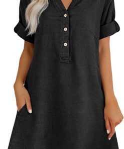 Vestido de lino para mujer, elegante, casual, cuello en V, de algodón, manga corta, maxi vestidos de verano 2026, holgado, por debajo de la rodilla, vestido de playa