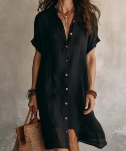 Vestido de verano casual de algodón para mujer, holgado, cuello en V, botones, manga corta, vestido de playa con bolsillos
