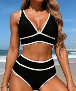 2 piezas de bikini deportivo para mujer, de cintura alta, cuello en V, con ribete de contraste, trajes de baño atléticos para playa, piscina y natación
