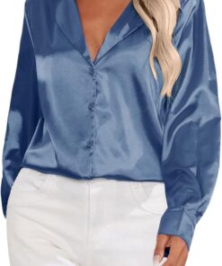 Blusas de seda satinada para mujer, blusas de manga corta con botones y cuello de solapa, camisas casuales de ajuste holgado, camisa de oficina de negocios