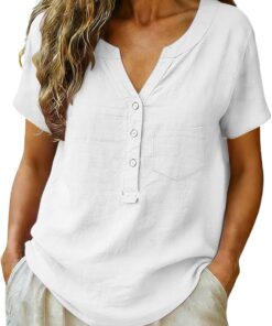 Blusas de lino y algodón para mujer, de manga corta, con bolsillo, talla grande, con botones, cuello en V, camisetas de verano