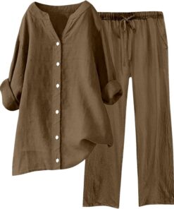 Conjunto Lino Mujer Elegante Dos Piezas Traje de Primavera Camisa Manga Larga con Botones y Pantalones Largo Piernas Anchas Chándal Ropa de Casa Casuale Color Sólido