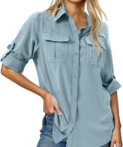 Camisas de manga larga con botones y solapa para mujer, color liso, casual, blusa tipo túnica, camisa de caza para mujer, camisa de caza al aire libre, de secado rápido, camisa de senderismo con