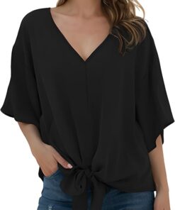 Blusas de gasa para mujer con cuello en V y lazo frontal mangas de murciélago manga corta Tops y camisas de verano