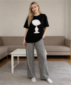 Conjunto de pijama para mujer, de manga corta, pantalones sueltos con bolsillos, 2 piezas, ropa de dormir delgada de talla grande