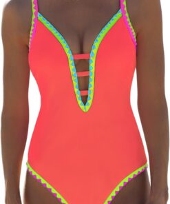 Traje de baño sexy de una pieza con bloques de color naranja para mujer, traje de baño con tiras en la espalda