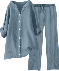 Conjunto Lino Mujer Elegante Dos Piezas Traje de Primavera Camisa Manga Larga con Botones y Pantalones Largo Piernas Anchas Chándal Ropa de Casa Casuale Color Sólido