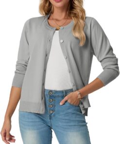 GRECERELLE Cárdigan suave de verano para mujer, bonito y ligero, cuello redondo, manga larga, suéter de punto sólido, suéteres casuales con botones para mujer, noches de verano y citas