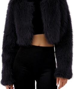 Amazhiyu Abrigo de piel sintética para mujer, chaqueta de invierno de manga larga, cuello redondo, frente abierto, cárdigan cálido de felpa