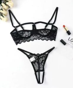 Conjunto de lencería para mujer, sujetador sexy de encaje floral con aros y bragas transparentes, 2 piezas transparentes