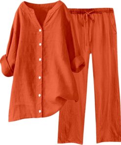 Conjunto Lino Mujer Elegante Dos Piezas Traje de Primavera Camisa Manga Larga con Botones y Pantalones Largo Piernas Anchas Chándal Ropa de Casa Casuale Color Sólido