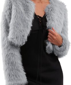 Amazhiyu Abrigo de piel sintética para mujer, chaqueta de invierno de manga larga, cuello redondo, frente abierto, cárdigan cálido de felpa