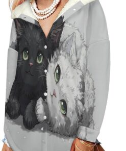 Sudadera con Capucha de Forro Polar para Mujer Gato De Dibujos Animados Chaqueta de Invierno con Botones Estilo De Dibujo Simple Cálido Abrigo de Informal de Moda con Bolsillos Gris Carbón