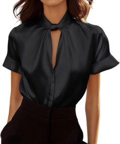 Blusas de satén para mujer, blusas de seda de manga corta, cuello alto falso, camisas de vestir informales para negocios, trabajo, oficina, 2026