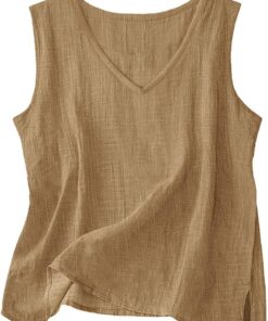 Camiseta sin mangas de mezcla de algodón y lino para mujer, cuello en V, informal, holgada, con abertura lateral, ligera, transpirable, para vacaciones y uso diario