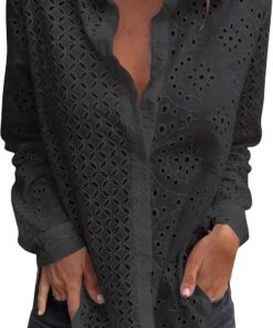Camisas bordadas de encaje hueco para mujer, cuello en V, manga larga, con botones, para mujer, a la moda, elegante, holgada, casual