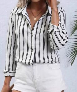 Camisa a rayas con botones para mujer, clásica, casual, de manga larga, holgada, para oficina, trabajo, con bolsillo