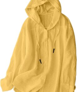 Camisas de lino y algodón con protección solar para mujer, sudadera con capucha de gran tamaño, casual, holgada, de manga larga, con botones, con capucha, para verano, playa, ligera, chaquetas