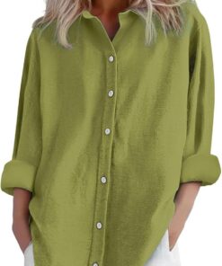 Camisas y blusas de lino para mujer, de manga larga, con botones, tallas grandes, básicas, para oficina, trabajo