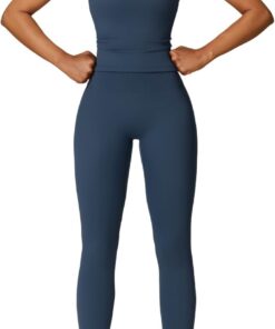IMEKIS Conjunto de gimnasio de 2 piezas para mujer, traje de yoga, tirantes con tirantes en la parte posterior Soprt Crop Top y leggings de cintura alta, traje de deporte, verano, fitness