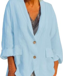 Trajes y Blazers para Mujer, Chaqueta Mujeres Moda Color Sólido Frente Abierto Manga Larga Bolsillo Traje Blazers Botón Lino Abrigo Camisetas Tops Blusas para Mujer