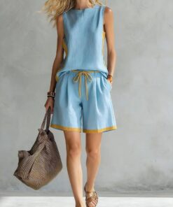 Conjunto de 2 piezas para mujer, camiseta sin mangas con bloques de color y pantalones cortos con cordón para verano casual