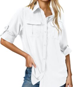 Camisas de manga larga con botones y solapa para mujer, color liso, casual, blusa tipo túnica, camisa de caza para mujer, camisa de caza al aire libre, de secado rápido, camisa de senderismo con