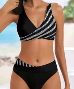 Conjunto de bikini con escote en V profundo para mujer, traje de baño de dos piezas de cintura alta, bloque de color, traje de baño