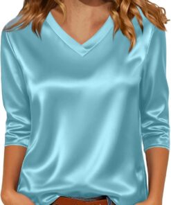 Blusas de satén para mujer, manga 3/4, de seda, cuello en V, camisas de vestir, estilo casual, holgadas, para negocios, trabajo, oficina