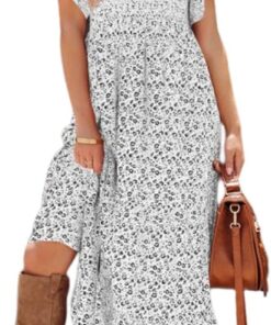 PRETTYGARDEN Vestidos de Primavera con Parte Superior Fruncida para Mujer, Vestido Largo Floral de Manga Corta 2024 para Mujer Moderno Mujer