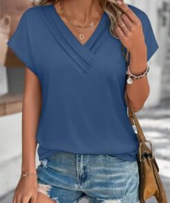 Camisetas de verano para mujer, cuello en V, lisas, de manga corta, holgadas, a la moda, estilo casual