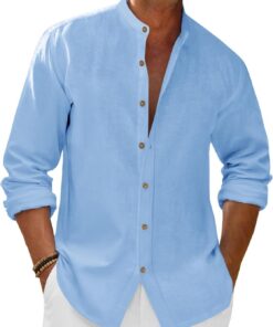Camisas casuales de lino para hombre, manga 3/4, con botones, cuello con bandas, camisa de playa de verano