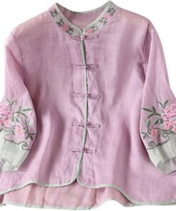 Camisas de manga 3/4 para mujer, elegante blusa bordada floral con estilo chino, botón plegable, ligera, oriental, ropa tradicional china, estilo étnico vintage